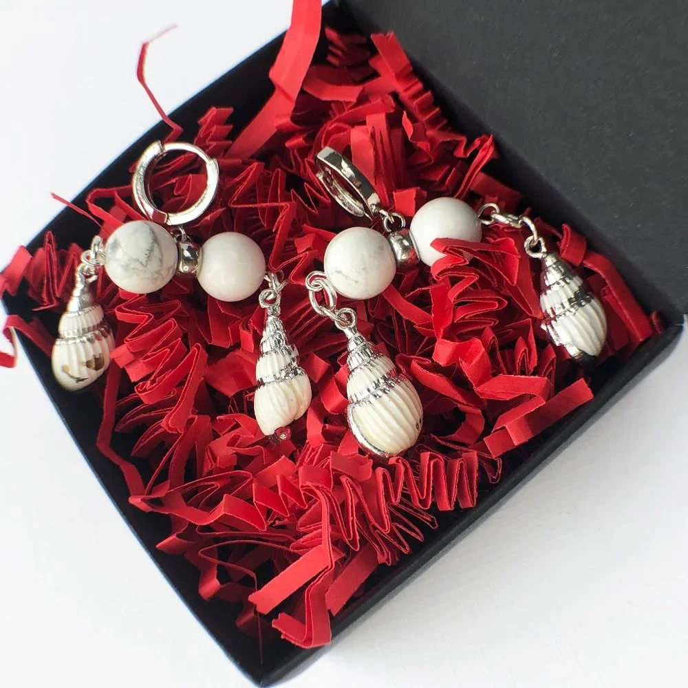 Unique White Shell Chunky Earrings, Handcrafted Howlite Dangle Hoops